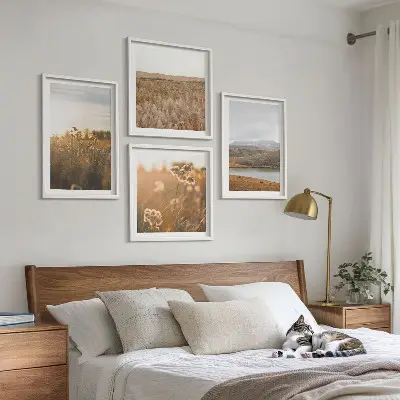 Set de 4 cuadros de paisajes con motivos de prados, montañas y lago para salón