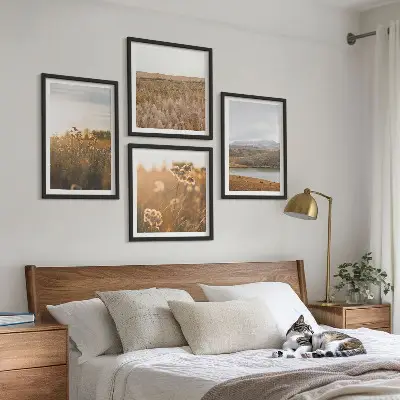 Set de 4 cuadros de paisajes con motivos de prados, montañas y lago para salón
