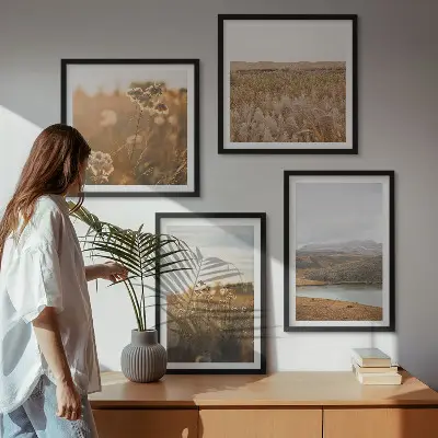 Set de 4 cuadros de paisajes con motivos de prados, montañas y lago para salón