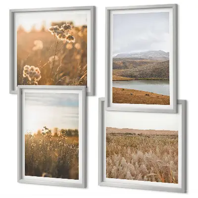 Set de 4 cuadros de paisajes con motivos de prados, montañas y lago para salón