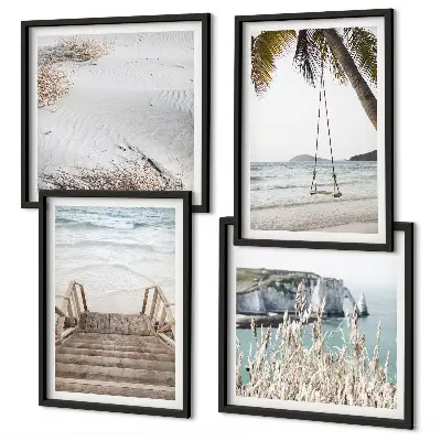 Set de cuadros modernos para salón diseño de escaleras de playa y columpio frente al mar