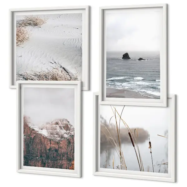 Set de 4 cuadros para salón diseño de ondas abstractas en tonos gris pastel