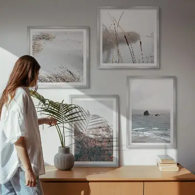 Set de 4 cuadros para salón diseño de ondas abstractas en tonos gris pastel