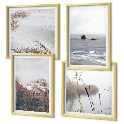 Set de 4 cuadros para salón Ondas abstractas en tonos gris pastel