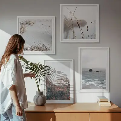 Set de 4 cuadros para salón diseño de ondas abstractas en tonos gris pastel