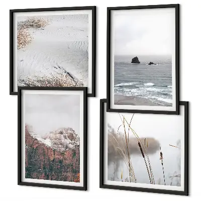 Set de 4 cuadros para salón diseño de ondas abstractas en tonos gris pastel