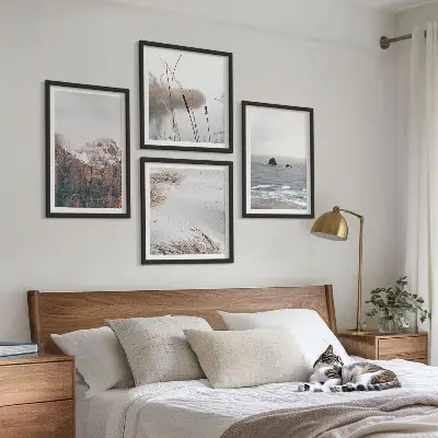Set de 4 cuadros para salón diseño de ondas abstractas en tonos gris pastel