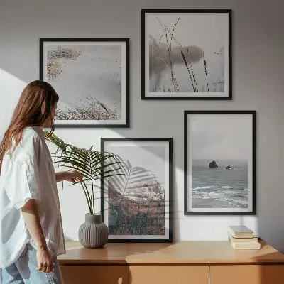 Set de 4 cuadros para salón diseño de ondas abstractas en tonos gris pastel