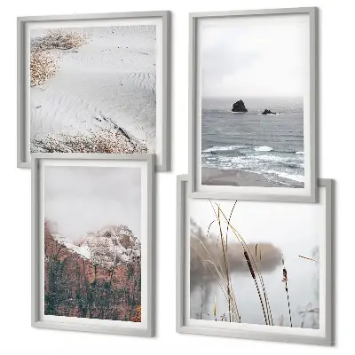 Set de 4 cuadros para salón diseño de ondas abstractas en tonos gris pastel