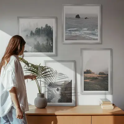 Set de cuadros modernos para salón con paisajes de montañas y mar
