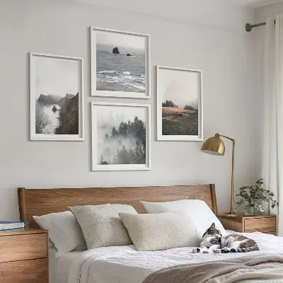 Set de cuadros modernos para salón con paisajes de montañas y mar
