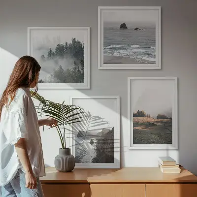 Set de cuadros modernos para salón con paisajes de montañas y mar