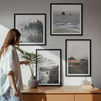 Set de cuadros modernos para salón con paisajes de montañas y mar