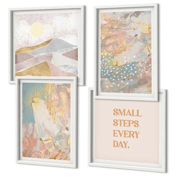 Galería de pared con patrones abstractos en tonos pastel