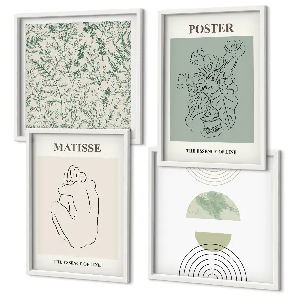 Set de 4 cuadros para salón con diseño minimalista de líneas y motivos vegetales