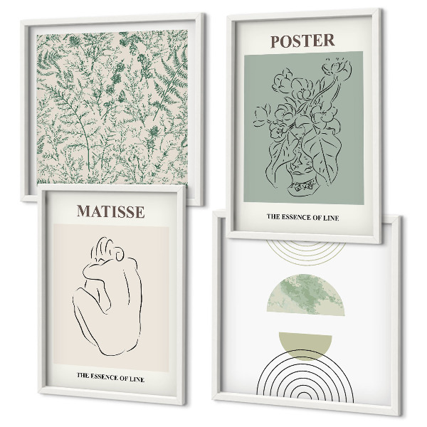 Set de 4 cuadros para salón Líneas, motivos vegetales, minimalismo
