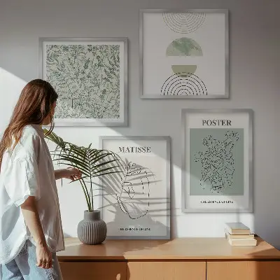 Set de 4 cuadros para salón con diseño minimalista de líneas y motivos vegetales