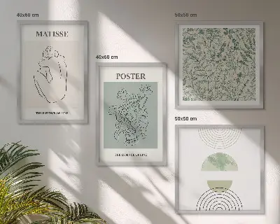 Set de 4 cuadros para salón con diseño minimalista de líneas y motivos vegetales
