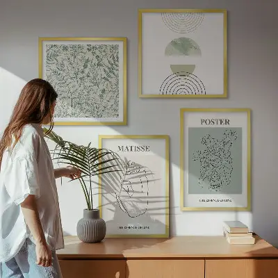 Set de 4 cuadros para salón con diseño minimalista de líneas y motivos vegetales