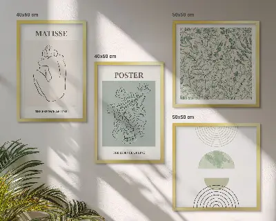 Set de 4 cuadros para salón con diseño minimalista de líneas y motivos vegetales