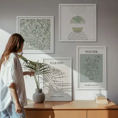 Set de 4 cuadros para salón con diseño minimalista de líneas y motivos vegetales