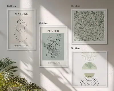 Set de 4 cuadros para salón con diseño minimalista de líneas y motivos vegetales