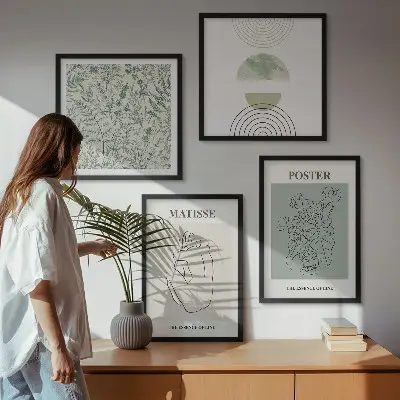 Set de 4 cuadros para salón con diseño minimalista de líneas y motivos vegetales