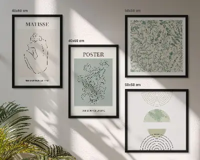 Set de 4 cuadros para salón con diseño minimalista de líneas y motivos vegetales