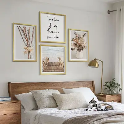 Set de 4 cuadros para salón con diseño de flores y ramas minimalistas de naturaleza