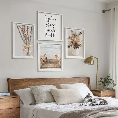 Set de 4 cuadros para salón con diseño de flores y ramas minimalistas de naturaleza