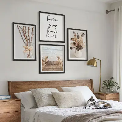 Set de 4 cuadros para salón con diseño de flores y ramas minimalistas de naturaleza