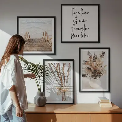 Set de 4 cuadros para salón con diseño de flores y ramas minimalistas de naturaleza