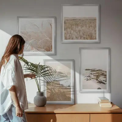 Set de cuadros modernos para salón con diseño de olas de playa y piedras de verano