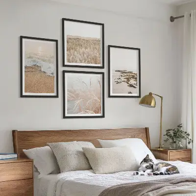 Set de cuadros modernos para salón con diseño de olas de playa y piedras de verano