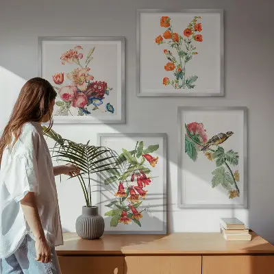 Set de 4 cuadros para salón diseño de pájaro retro con flores pintadas