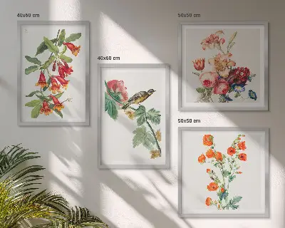 Set de 4 cuadros para salón diseño de pájaro retro con flores pintadas
