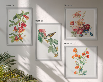 Set de 4 cuadros para salón Pájaro retro pintado con flores