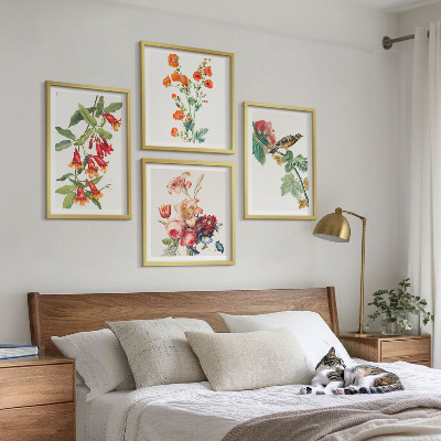 Set de 4 cuadros para salón Pájaro retro pintado con flores