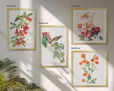 Set de 4 cuadros para salón diseño de pájaro retro con flores pintadas