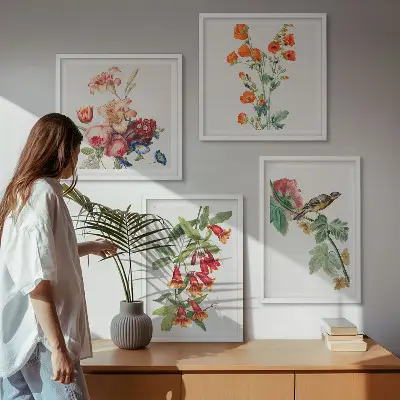 Set de 4 cuadros para salón diseño de pájaro retro con flores pintadas