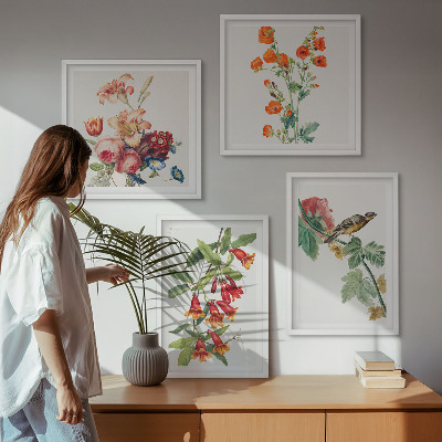 Set de 4 cuadros para salón Pájaro retro pintado con flores