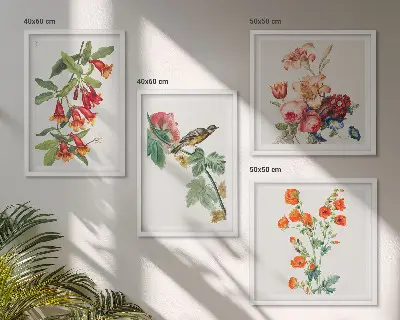 Set de 4 cuadros para salón diseño de pájaro retro con flores pintadas