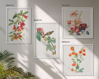 Set de 4 cuadros para salón Pájaro retro pintado con flores