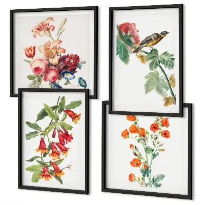 Set de 4 cuadros para salón diseño de pájaro retro con flores pintadas