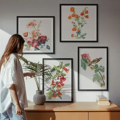 Set de 4 cuadros para salón diseño de pájaro retro con flores pintadas