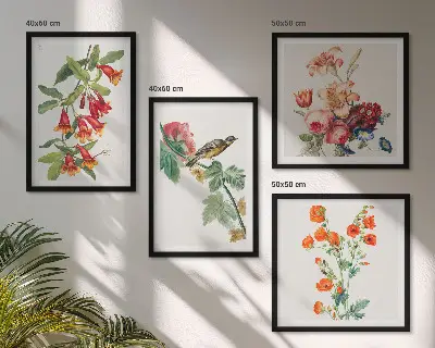 Set de 4 cuadros para salón diseño de pájaro retro con flores pintadas