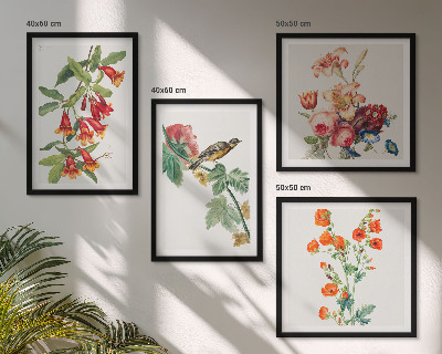 Set de 4 cuadros para salón Pájaro retro pintado con flores
