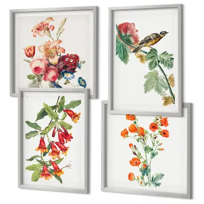 Set de 4 cuadros para salón diseño de pájaro retro con flores pintadas