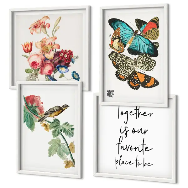 Set de 4 cuadros decorativos para salón con diseño de flores, mariposas y pájaros en tonos pastel