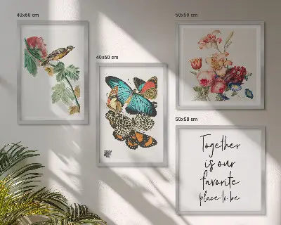 Set de 4 cuadros decorativos para salón con diseño de flores, mariposas y pájaros en tonos pastel